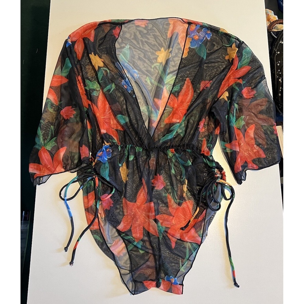 Floral Swim Suit Cover Up Size Small Sheer‎ Black Romper Cinch At Hips